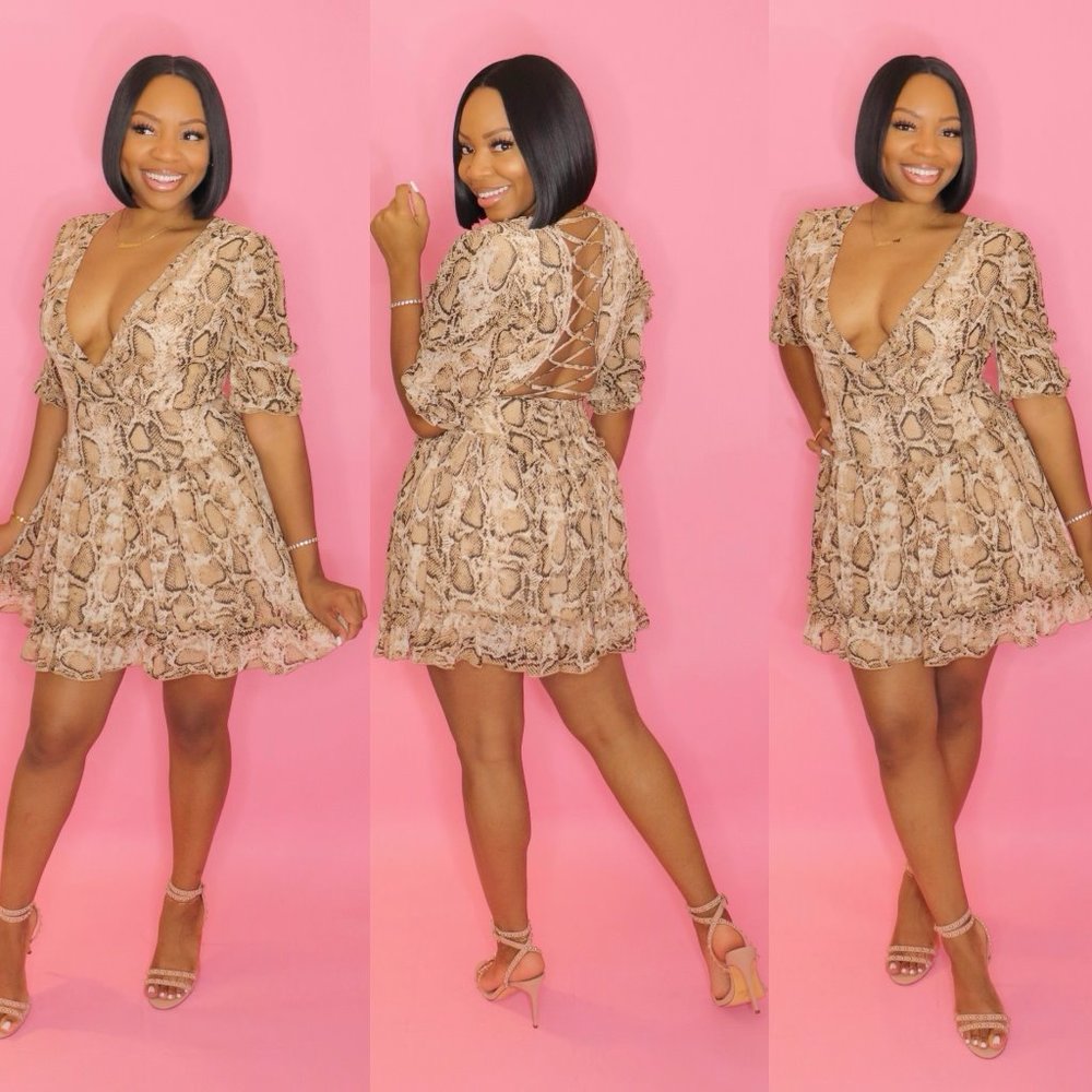 So Dainty Snake Print Ruffle Dress - BOUTIQUE